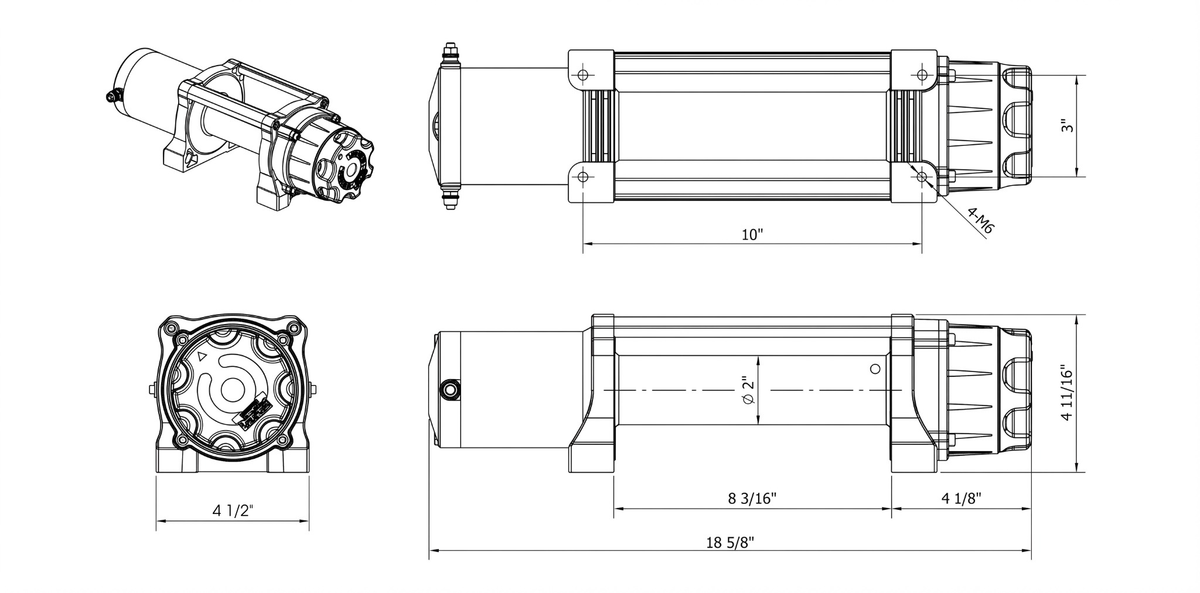 Carbon Offroad Long Drum 6000lb ATV - Small 4X4 Winch product diagram