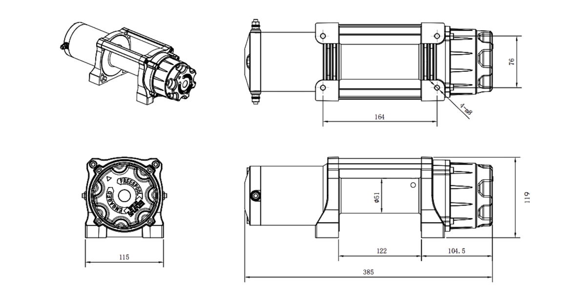 Carbon Offroad 6000lb ATV - Small 4X4 Winch product diagram