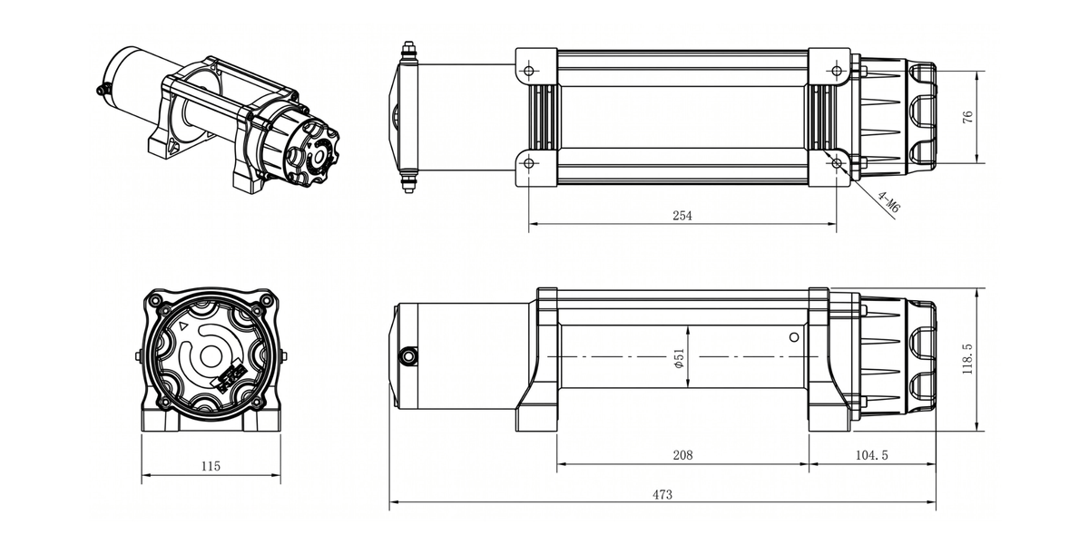 Carbon Offroad Long Drum 6000lb ATV - Small 4X4 Winch product diagram
