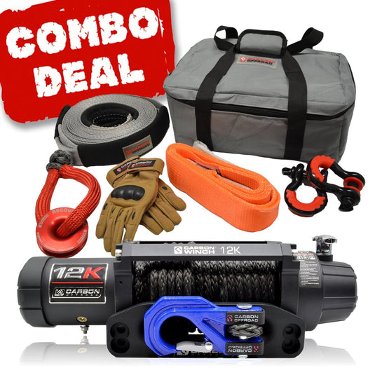Carbon V.3 12000lb Winch Blue Hook and Recovery Combo Deal - Carbon Offroad